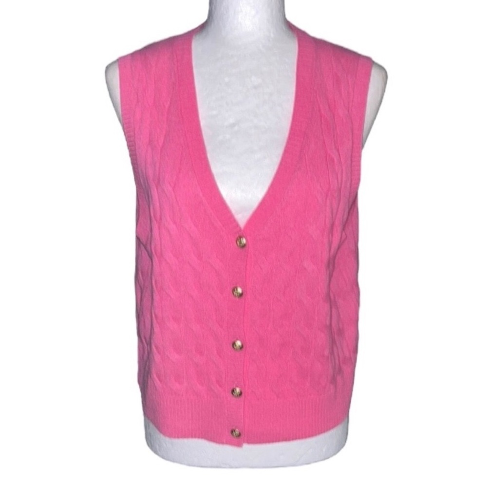 NWT JOIE Cashmere Pink Cable Knit Gold Button Sleeveless Crop Vest Cardigan - L